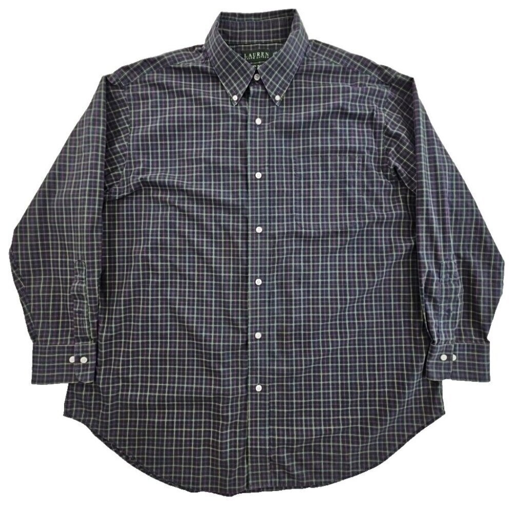 Ralph Lauren Green‎ Label Shirt Men's 17 1/2 32/33 No Iron Plaid Green Blue EUC